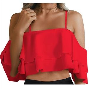 NWT TEMPT ME Coral Red Flounce Off Shoulder Swimsuit Bikini Top Size Medium